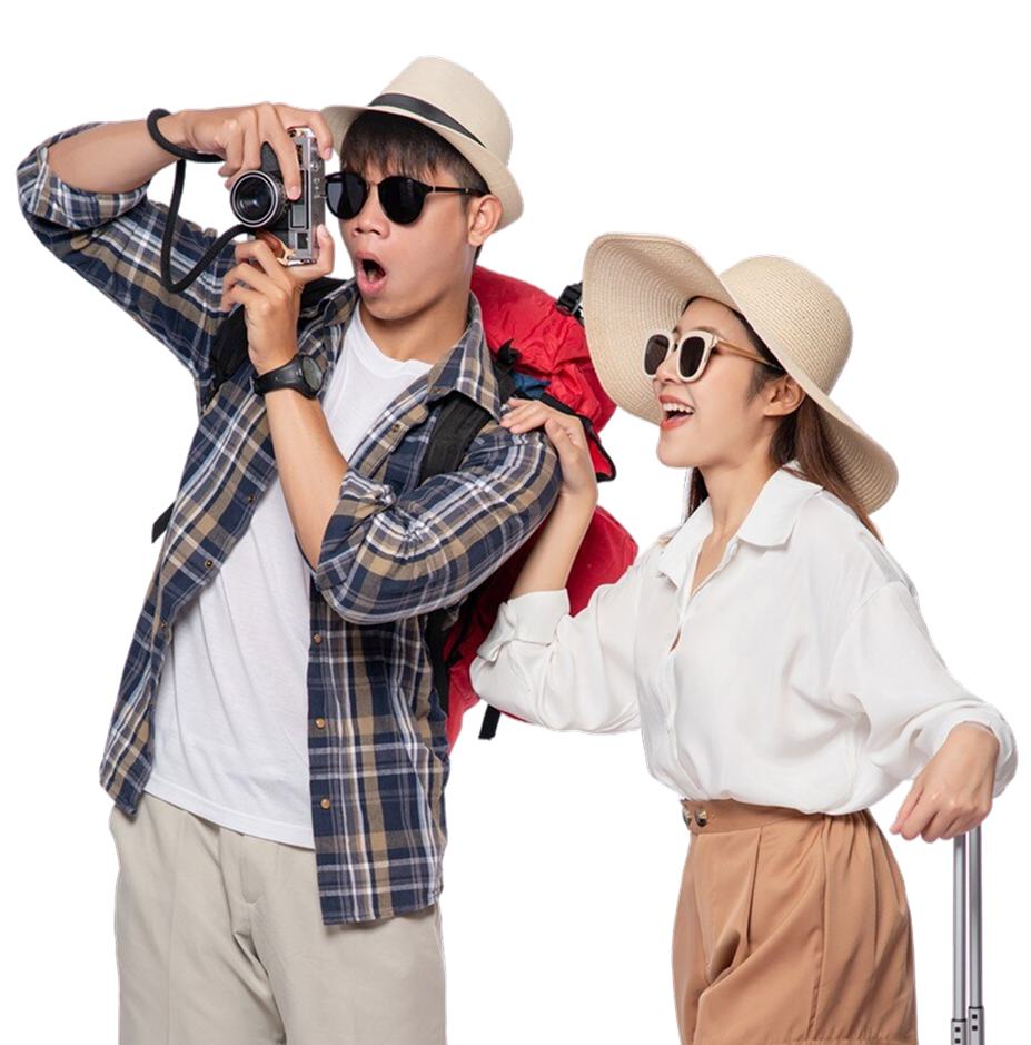 man woman dressed travel wear glasses take pictures 1.png